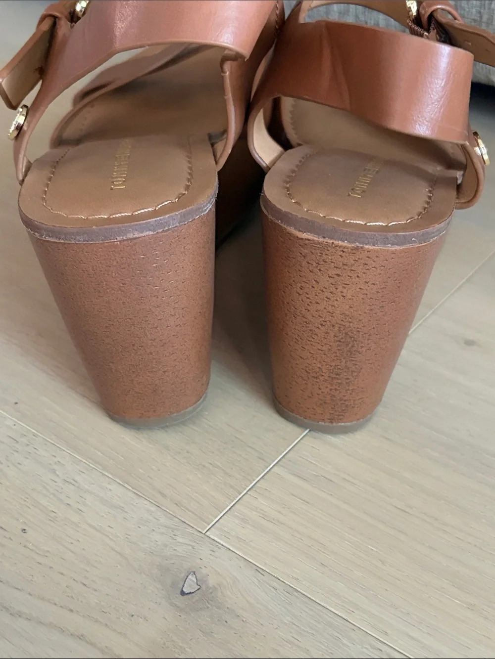 Tommy Hilfiger Women's Dark Camel Brown Cross-Strap Wedge Sandals Sz 9